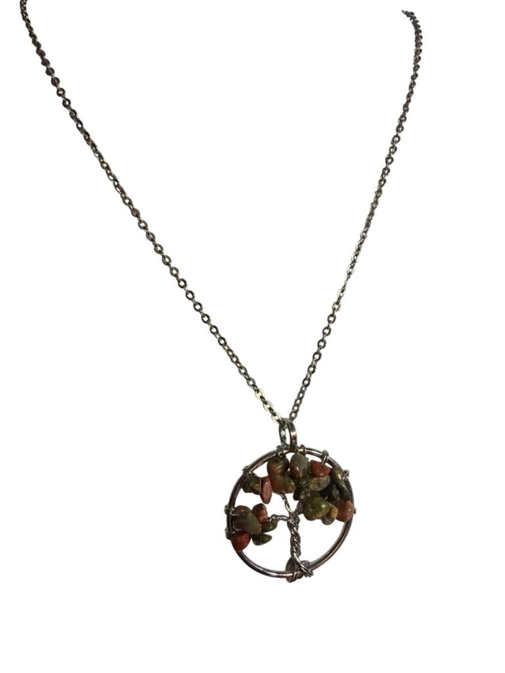 Tree Of Life Pendant Necklace Unakite Stone Chips Silver Tone Chakra 18" Chain